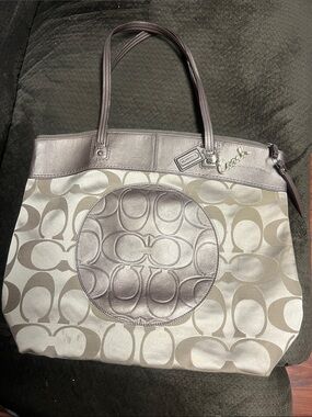 Coach Gold/Taupe Sateen Signature Tote with Metallic Trim